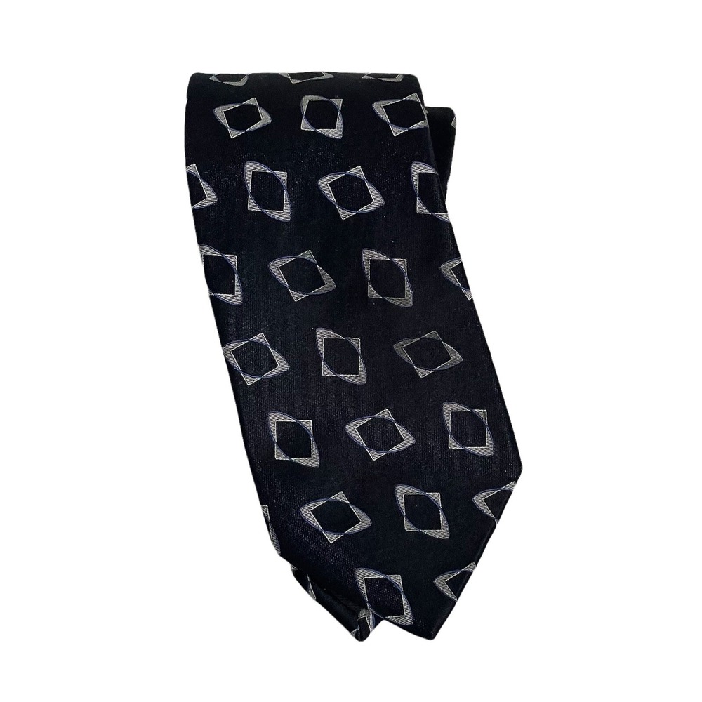 Giorgio Armani Italy Designer Luxury Necktie Black‎ Silver Geometric